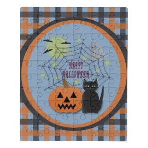 Black Cat & Pumpkin Not Scary Halloween Jigsaw Puzzle