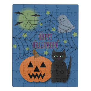 Black Cat & Pumpkin Not Scary Halloween Jigsaw Puzzle