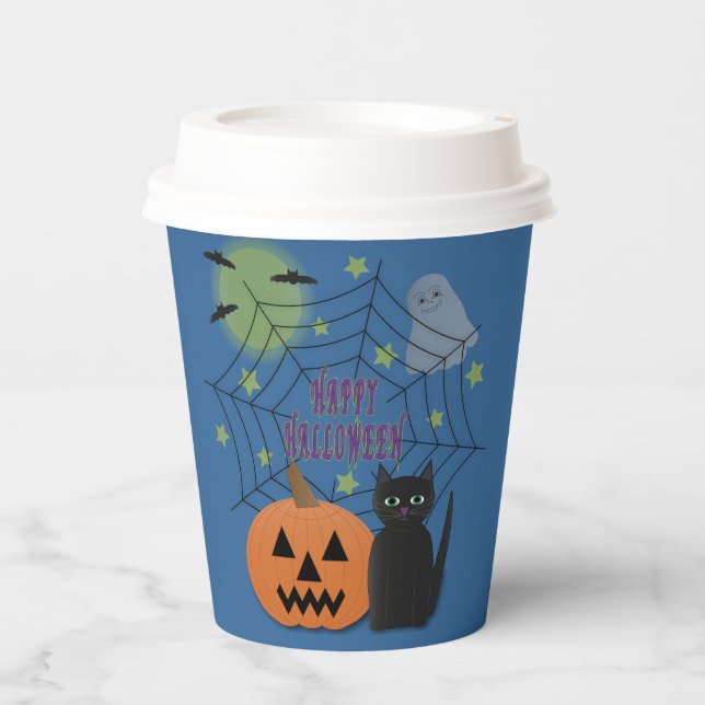 Black Cat & Pumpkin Not Scary Halloween Paper Cups (Front)