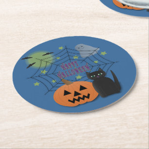 Black Cat & Pumpkin Not Scary Halloween Round Paper Coaster