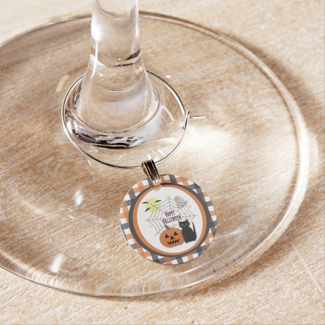 Black Cat & Pumpkin Not Scary Halloween Wine Charm (In Situ)