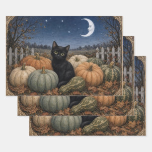 Black Cat Pumpkin Patch Vintage Wrapping Paper Sheets