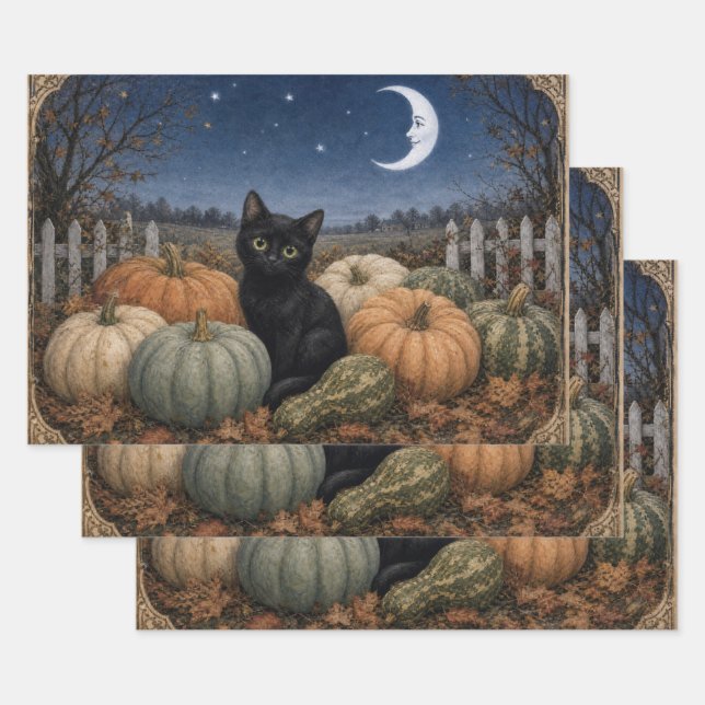 Black Cat Pumpkin Patch Vintage Wrapping Paper Sheets (Set)