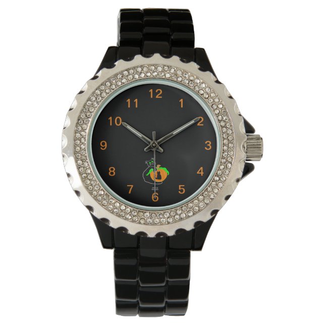 Black Cat Pumpkin Rhinestone Black Enamel Watch (Front)