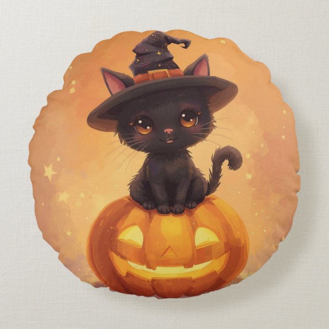 Black Cat Pumpkin Round Halloween Pillow (Front)