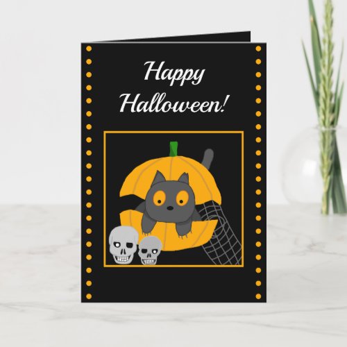 Black Cat Pumpkin Skulls Kids Halloween Card