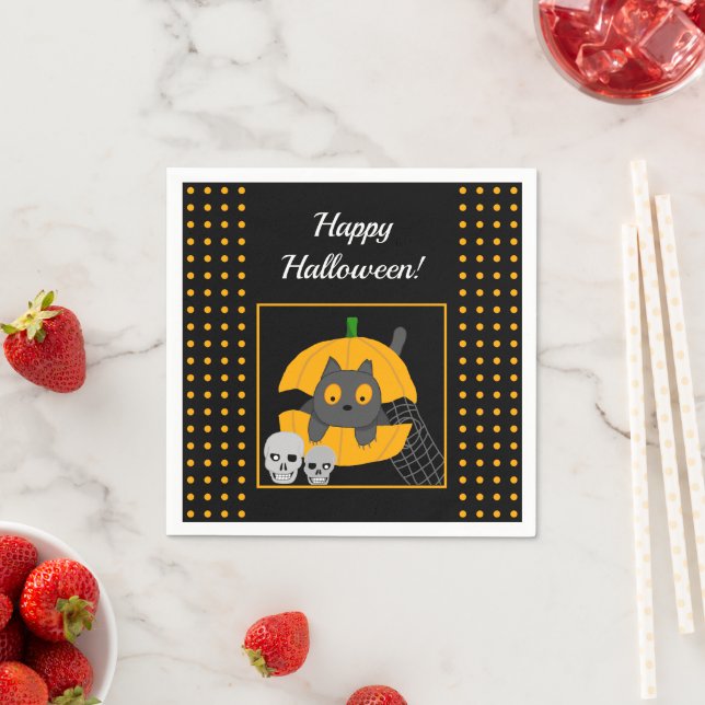 Black Cat Pumpkin Skulls Kids Halloween  Napkins (Insitu)