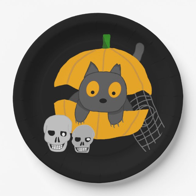 Black Cat Pumpkin Skulls Kids Halloween Paper Plates (Front)