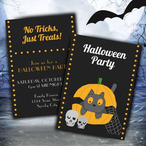 Black Cat Pumpkin Skulls Kids Halloween Party Invi Invitation