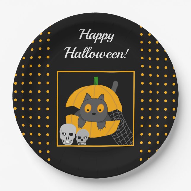 Black Cat Pumpkin Skulls Kids Halloween Party Paper Plates (Front)