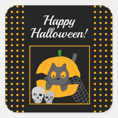 Black Cat Pumpkin Skulls Kids Halloween Square Sticker