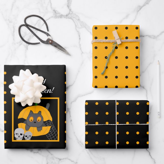 Black Cat Pumpkin Skulls Kids Halloween Wrapping Paper Sheets (Front)