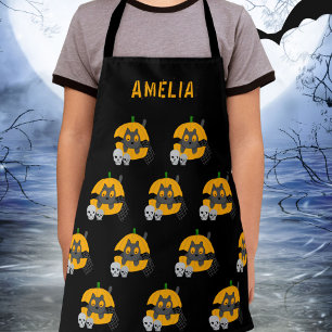 Black Cat Pumpkin Skulls Kids Name Halloween Apron