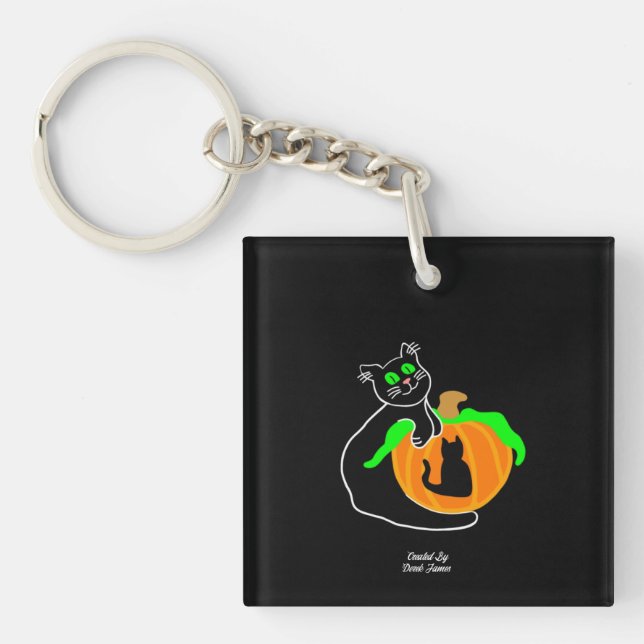 Black Cat Pumpkin Square Keychain (Front)