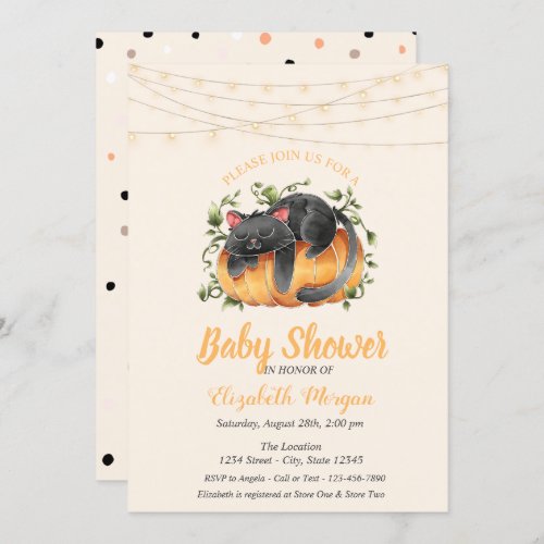 Black CatPumpkin String LightsDots Baby Shower Invitation