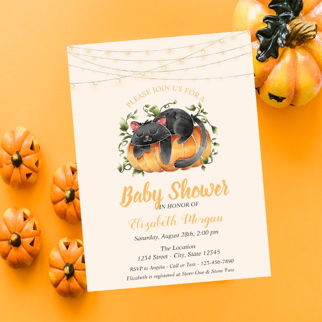 Black Cat,Pumpkin, String Lights,Dots Baby Shower Invitation (Creator Uploaded)