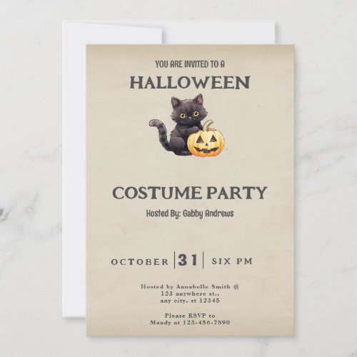 Black Cat Pumpkin Vintage Halloween Costume Invitation