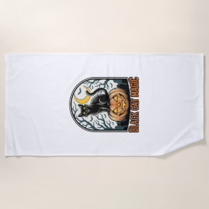 Black Cat Pumpkin Vintage Halloween Engraving_1 Beach Towel