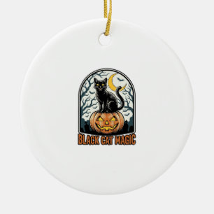 Black Cat Pumpkin Vintage Halloween Engraving_1 Ceramic Ornament