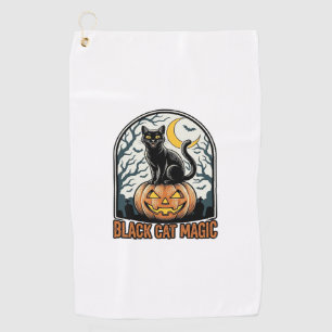 Black Cat Pumpkin Vintage Halloween Engraving_1 Golf Towel