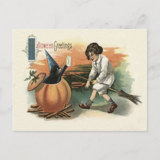 Black Cat Pumpkin Witch's Hat Broom Letter Postcard (Front)
