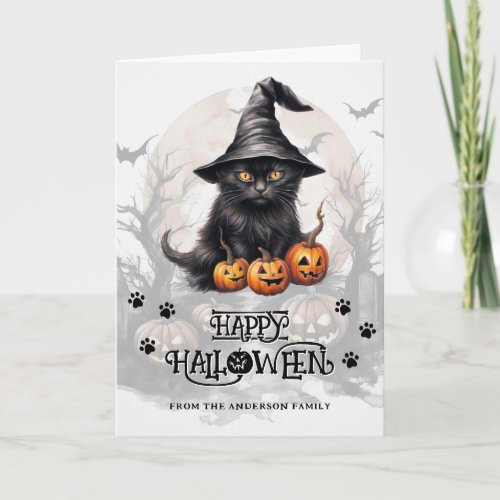 Black Cat Pumpkins Bats Full Moon Photo Halloween Card