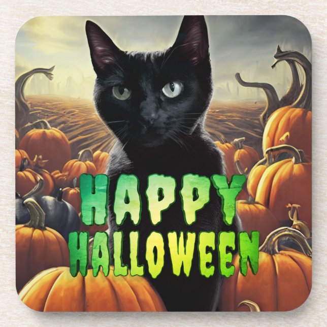 Black Cat & Pumpkins Beverage Coaster (Front)