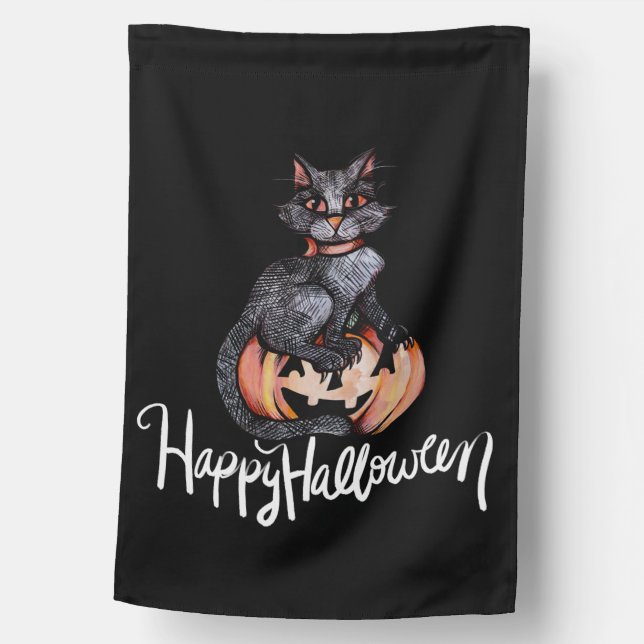 Black Cat Pumpkins Halloween Magic                 House Flag (Front)