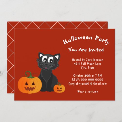 Black Cat Pumpkins Red Orange Halloween Party Invitation