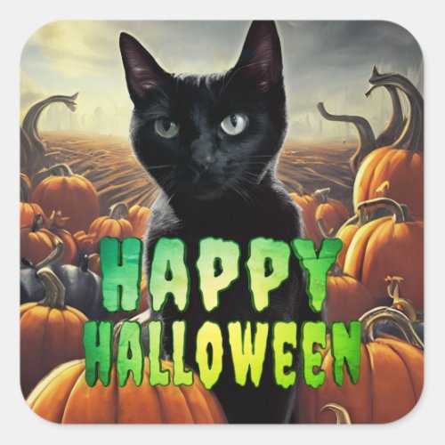 Black Cat  Pumpkins Square Sticker