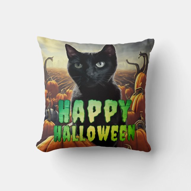 Black Cat & Pumpkins Throw Pillow (Front)