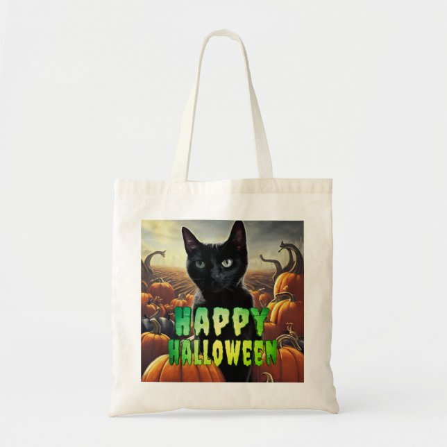 Black Cat & Pumpkins Tote Bag (Front)