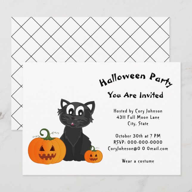 Black Cat Pumpkins White Pattern Halloween Party Invitation (Front/Back)