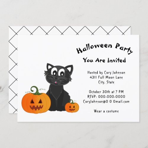 Black Cat Pumpkins White Pattern Halloween Party Invitation
