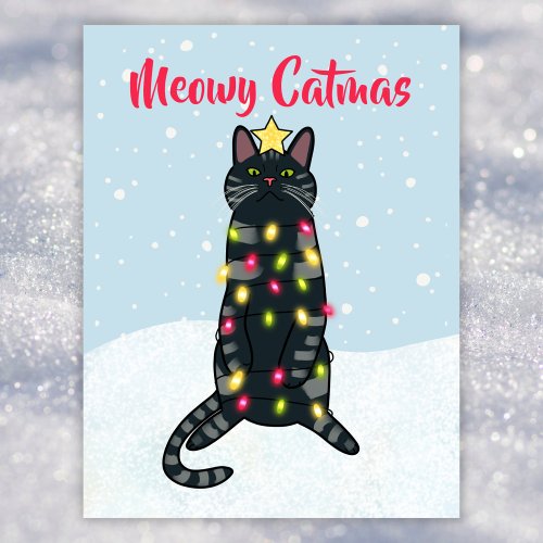 Black cat pun in Christmas lights funny Christmas Holiday Postcard