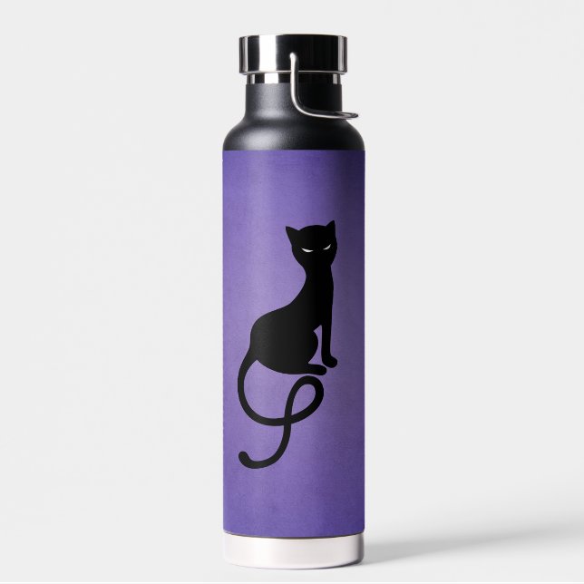 Black Cat Purple Elegant Evil Kitty Water Bottle (Left)