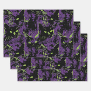 Black Cat Purple Green Grunge Halloween Wrapping Paper Sheets