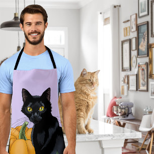 Black Cat Purple Rose Pumpkin Autumn Apron