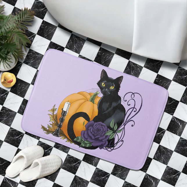  Black Cat Purple Rose Pumpkin Autumn Bath Mat (Creator Uploaded)
