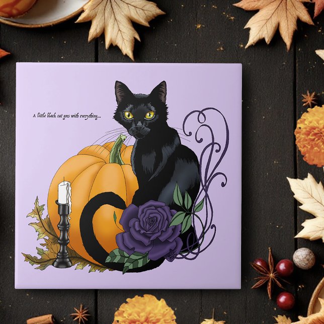 Black Cat Purple Rose Pumpkin Autumn Ceramic Tile (Creator Uploaded)