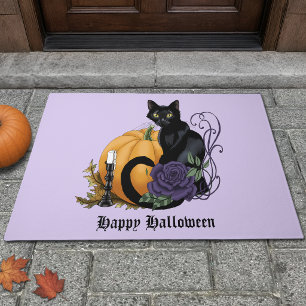 Black Cat Purple Rose Pumpkin Autumn Doormat