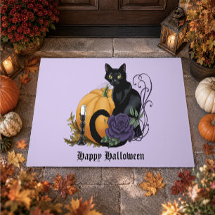 Black Cat Purple Rose Pumpkin Autumn Doormat