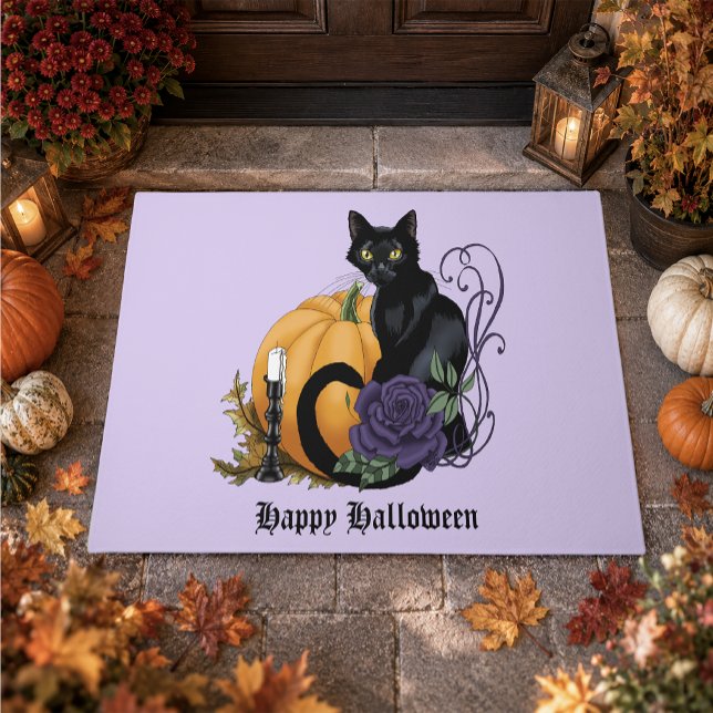 Black Cat Purple Rose Pumpkin Autumn Doormat (Creator Uploaded)