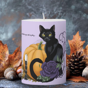 Black Cat Purple Rose Pumpkin Autumn Pillar Candle