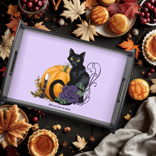 Black Cat Purple Rose Pumpkin Autumn Serving Tray (Creator Uploaded)