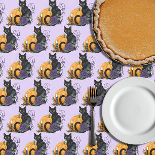 Black Cat Purple Rose Pumpkin Autumn Tablecloth