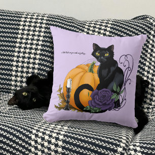 Black Cat Purple Rose Pumpkin Autumn Throw Pillow