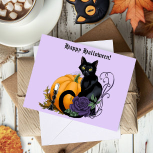 Black Cat Purple Rose Pumpkin Halloween Card