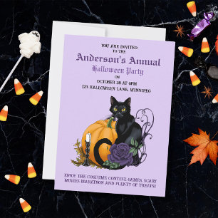 Black Cat Purple Rose Pumpkin Halloween Party Invitation
