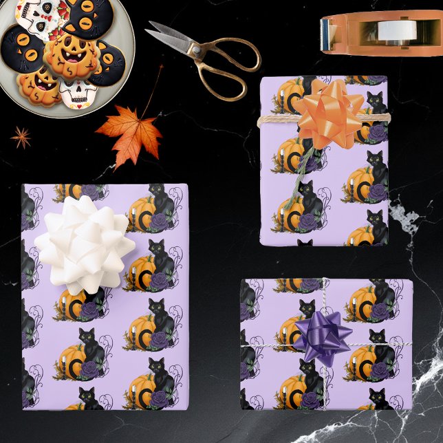 Black Cat Purple Rose Pumpkin Halloween Wrapping Paper Sheets (Creator Uploaded)